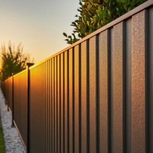 A modern composite fence, bathed in the warm glow of the setting sun, creates a stunning and inviting backdrop for your home.